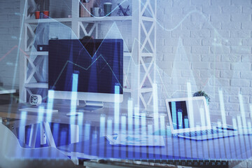 Double exposure of financial graph drawing and office interior background. Concept of stock market.