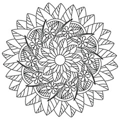 Flower mandala coloring page with doodle flowers and leaves, round antistress vector illustration for design and creativity