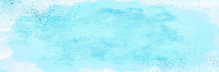 Winter watercolor horizontal background. Blue color christmas banner for christmas and New Year concept. Shades of blue watercolor stains. Hand watercolor. Uneven edges. Suitable for website design