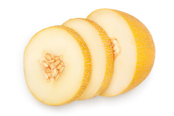 Melon half and slices isolated on white background with clipping path and full depth of field. Top view. Flat lay