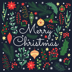 Christmas greeting card with hand drawn decoration elements. Vector template.