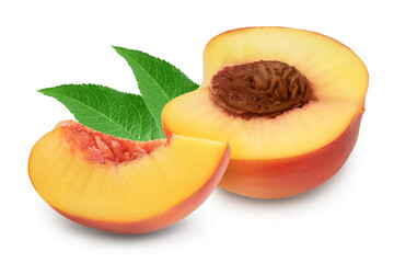 Ripe peach fruit half isolated on white background with clipping path and full depth of field