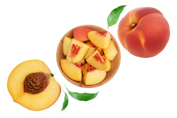 Naklejka na ściany i meble ripe peach isolated on white background with clipping path. Top view with copy space for your text. Flat lay pattern