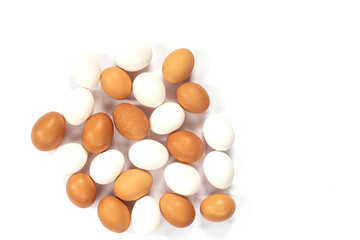Many white and brown chicken eggs in a row isolated against a white background.