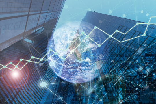 Double exposure business networking trading rise trend on money and businessman. bullish and up trend of global economic. element of this images furnished by NASA.