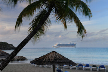 Cruise ship steaming into Philipsburg port at dawn