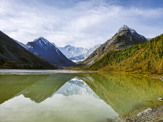 Reflection of the Belukha mountain in Akkem lake in Altai
