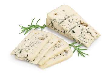 Blue cheese slices with rosemary isolated on white background with clipping path and full depth of field.
