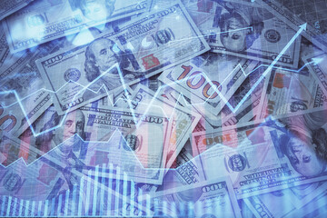 Double exposure of forex graph drawing over us dollars bill background. Concept of financial markets.
