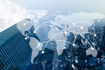Double exposure business network connection and global economy and money  trading graph background. Trend of future digital business economy. elements of this Images furnished by NASA.