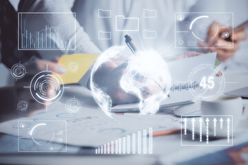 Double exposure of forex graph drawing over people taking notes background. Concept of financial analysis