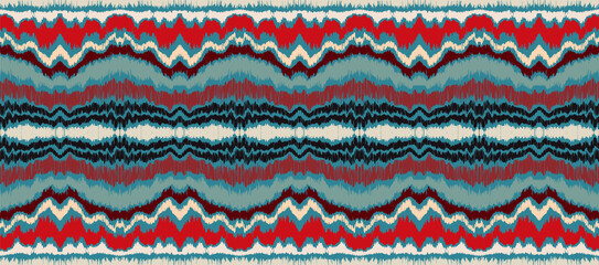 Ikat border. Geometric folk ornament. Ink on clothes. Tribal vector texture. Seamless striped pattern in Aztec style. Ethnic embroidery. Indian, Scandinavian, Gypsy, Mexican, African rug.