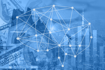 Double exposure business network connection and global economy and money  trading graph background. Trend of future digital business economy. elements of this Images furnished by NASA.