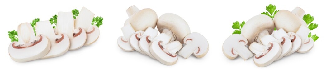 Fresh mushrooms champignon isolated on white background with clipping path and full depth of field. Set or collection