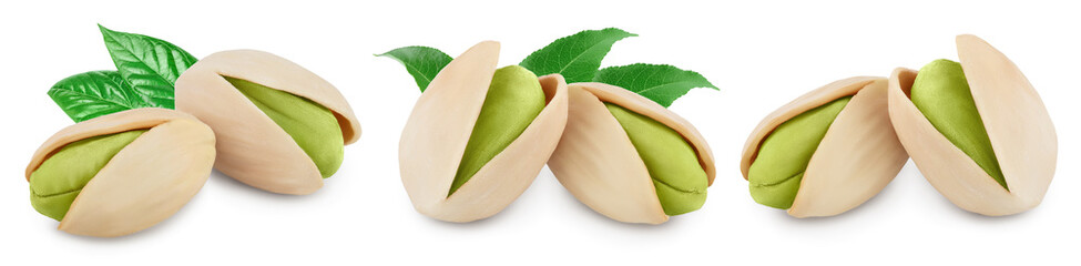 pistachio with leaves isolated on white background with clipping path and full depth of field. Set r collection