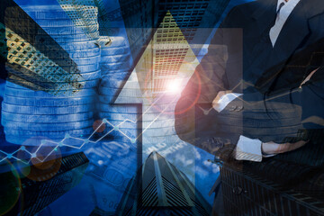 Double exposure business network connection and global economy and money  trading graph background. Trend of future digital business economy. elements of this Images furnished by NASA.
