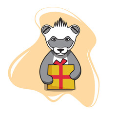 Raccoon gives a gift box. Animals illustration in flat style