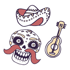 Calavera skull, guitar on white isolated backdrop. Day of the dead symbol for invitation or gift card, notebook, bath tile, scrapbook Phone case or cloth print Doodle style stock vector illustration