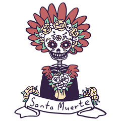 Calavera woman on white isolated backdrop. Santa muerte text poster for invitation or gift card, notebook, bath tile, scrapbook. Phone case or cloth print art. Doodle style stock vector illustration
