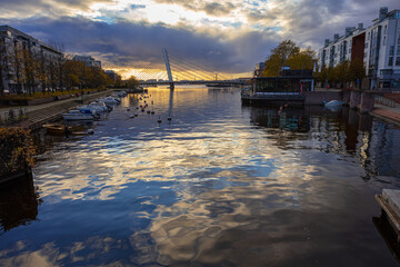 Helsinki, Uusimaa, Finland October 13, 2020 View of the canal and yachts. Autumn evening on the island of Jätkäsaari
