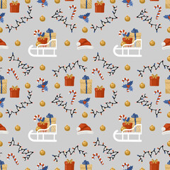 Seamless pattern. Vector illustration with gifts, garland lights, sledges, santa hat, candy, mistletoe leaves.