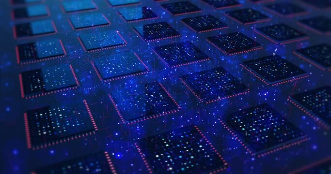 Multi Computer Processors On Motherboard. Futuristic Technology. Electrical Signals Flowing. Computer And Technology Related 4K 3D CG Animation.