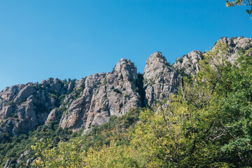 Ridge of brown rocks covered with greenery against a blue sky