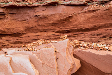 Red and Turquoise  sedimentary sandstone cliff and rocks at Cavendish beach of Prince Edward Island