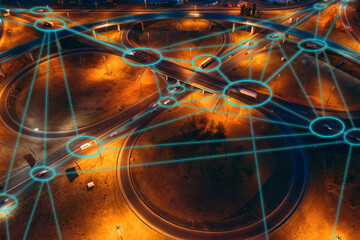Autonomous transportation concept. Self-driving cars and trucks on city roads and transport junctions, iot with vehicles connected with internet, big data and each other.