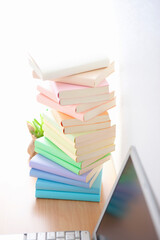 ノートパソコンと積まれた本