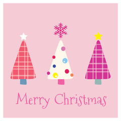 Cute Merry Christmas greeting card with pink lettering and fun colorful plaid trees illustration. Vector design elements. Great for stickers, labels, tags, and icons.
