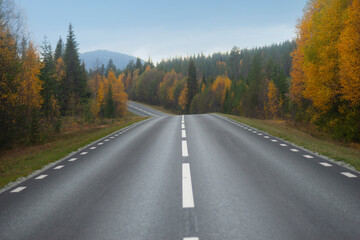 Winding asphalt road in beautiful autumn landscape