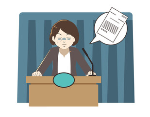 文書について顔面蒼白で説明する　大臣(線無し)