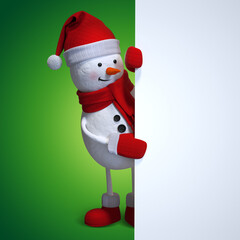3d render, Christmas greeting card with snowman looking out the corner, blank banner mockup with green background