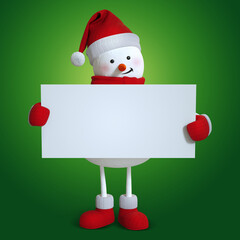 3d render, snowman holds white paper with blank space, Christmas greeting card mockup, festive clip art isolated on green background