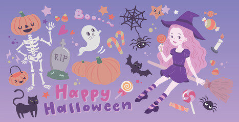 Vector halloween illustrations with cute witch character with other elements.