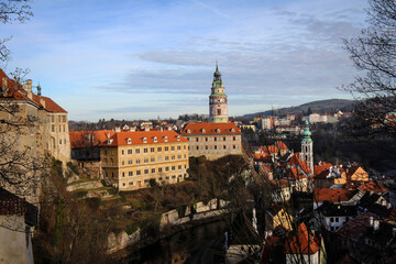 Fototapeta premium Panoramic view of Cesky Krumlov historic town and castle tower, Czech Republic