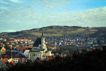 Fototapeta na wymiar Cesky Krumlov panoramic view by winter morning, Czech Republic