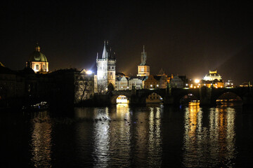 Charles bridge in Prague night scenic view, Czech Republic