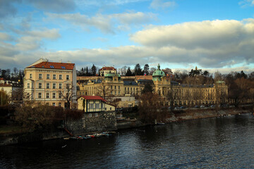Vltava River embankment view by winter, Prague, Czech Republic