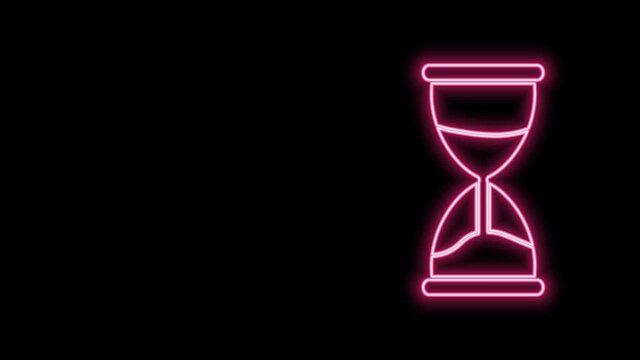 Glowing neon line Old hourglass with flowing sand icon isolated on black background. Sand clock sign. Business and time management concept. 4K Video motion graphic animation
