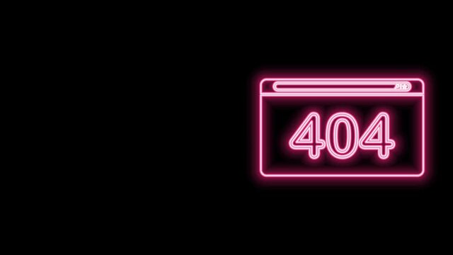 Glowing neon line Page with a 404 error icon isolated on black background. Template reports that the page is not found. 4K Video motion graphic animation