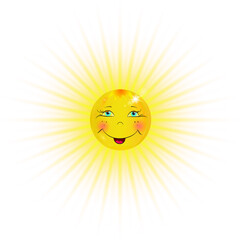 Cute smiling sun with rays and glow on a white background. Vector illustration