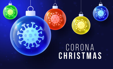 Corona Christmas concept. Glossy xmas balls with Covid-19 Coronavirus icon concept inscription typography design logo, Contagious diseases of the characters when exposed to a virus vector illustration