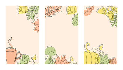 Three different vertical autumn backgrounds in linear style with a mushroom, a pumpkin, a cup and some leaves.