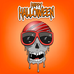 Happy Halloween. Cricket ball with skull in sunglasses with paint. Graffiti illustration of cricket ball with skull on isolated background. Skull art image. Vector illustration