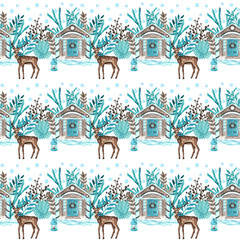 Christmas village watercolor seamless pattern. Christmas background. New Year. Cozy winter. Snowflakes. Christmas deer, cozy home. Blue and brown. White background. For printing on wrapping paper