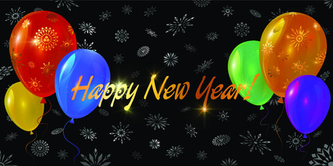 Happy new year greetings. Colored balloons. Vector design for greeting card, invitation or flyer template.