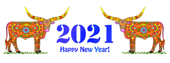 Vector colorful cows painted with ornament, symbol of the Chinese New Year. 2021 is decorated with snowflakes. Happy new year 2021 greeting card design