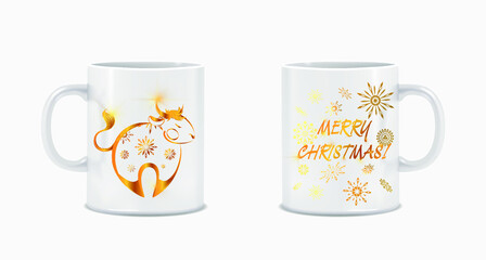 Author's mug as a gift. Decorative New Year's golden bull. Gold text Merry Christmas and snowflakes.